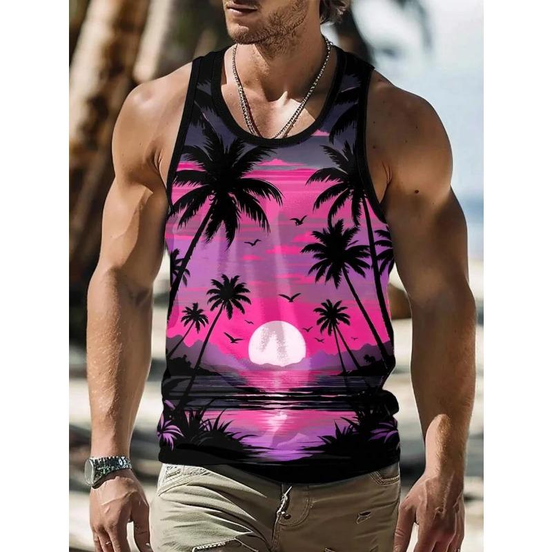 Sommer Rundhals 3D Strand Kokospalmen Bedrucktes Top Modisch Lässig Hawaii Urlaub Ärmellose Weste Herren T-Shirts