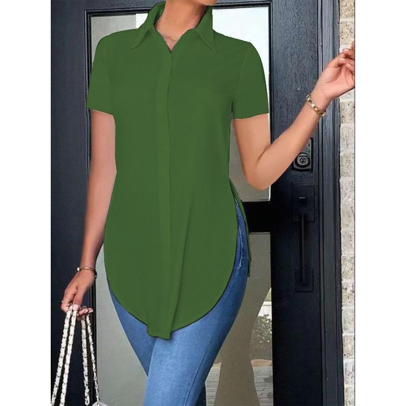GMXIA Women's Fashion Casual Solid Color Print Short Sleeve POLO Neck Blouses & Shirts