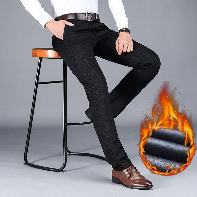Männer Hosen Winter Neue Business Casual Fleece Hosen Mode Hohe Qualität Elastizität Gerade Klassische Schwarz Blau Verdicken Hosen