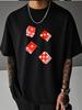 Unisex Dark Green Short Sleeve Tee Four Floating Red Dice Graphic Crew Neck Loose Casual Male Street Daily Summer Fashion Tops