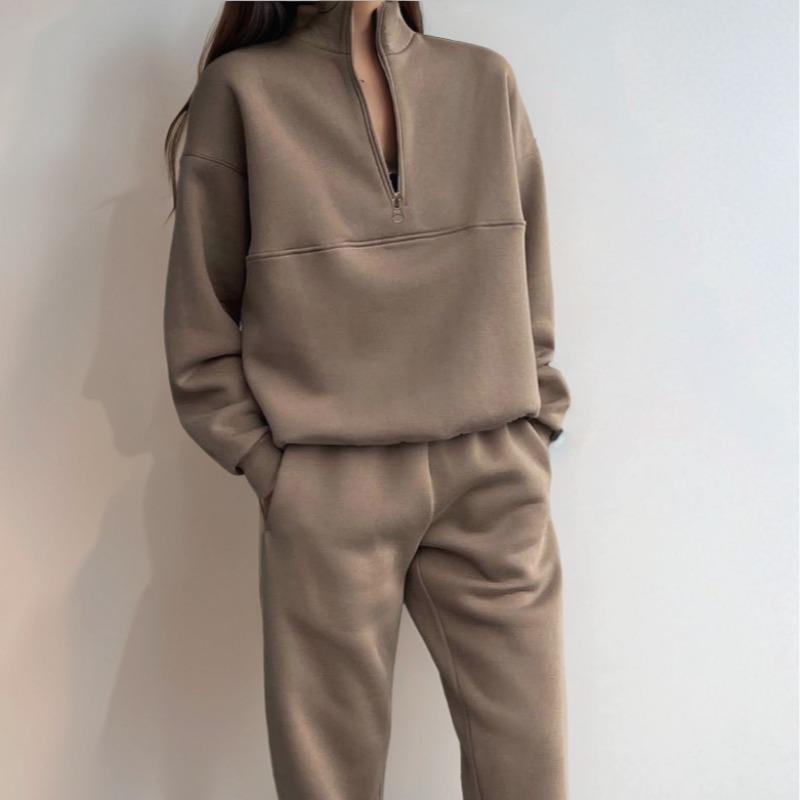 2025 European Autumn/Winter Fashion Zipper Lapel Solid Color Casual Two-Piece Set