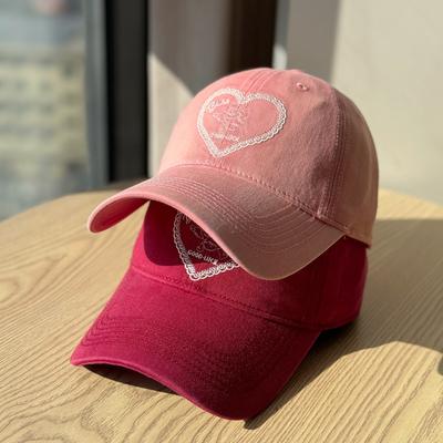 Korean Version Love Pink Embroidered Baseball Cap Women Retro Washed Soft Top Duckbill Men Sun Shading Protection Hat Trendy