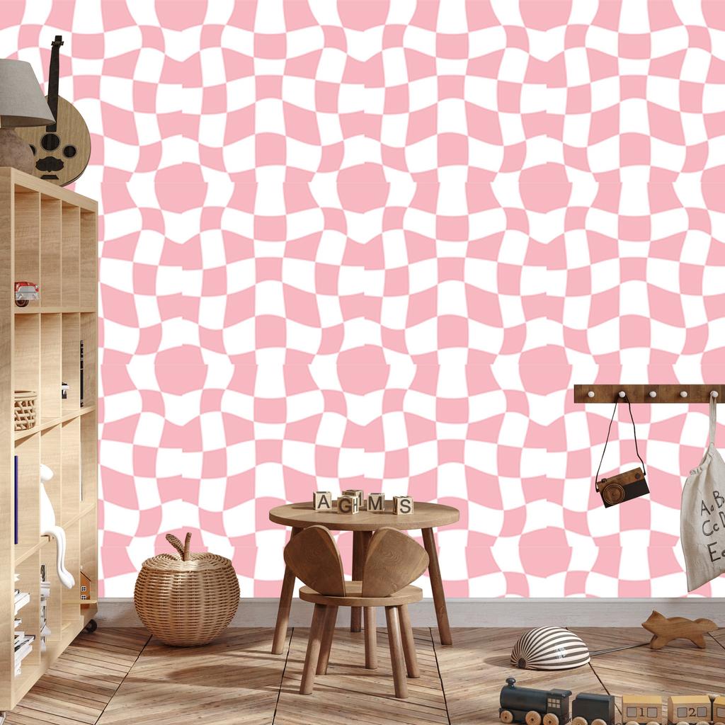 Wallpaper Casual Checkerboard Coral and White for Living Room and Bedroom 50x1000