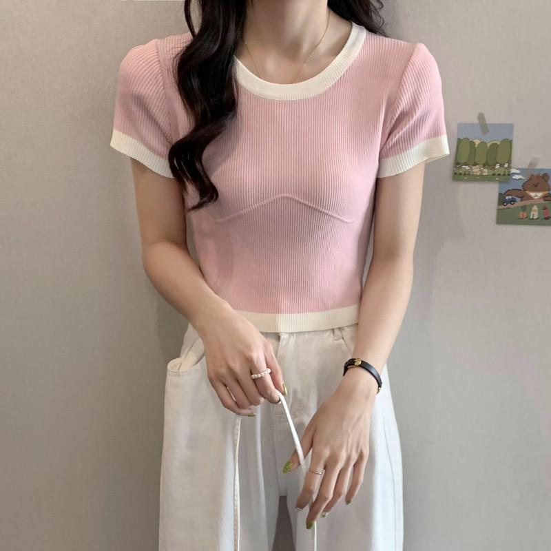 Color Clash Short-sleeved T-shirt Knit Short Women Simple Summer Design Sense Niche Tops Casual Essential Comfort and Style Slim Fit Pullovers Tees