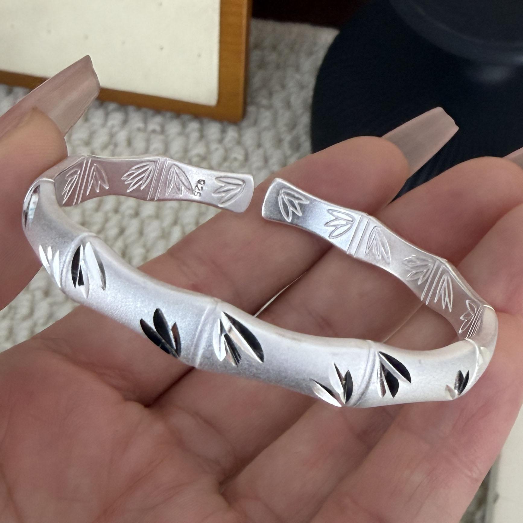 

100% Solid 925 Sterling Silver Retro Bracelet for Women Men Vintage Handmade Bamboo Shape Simple Bracelet Birthday Gift