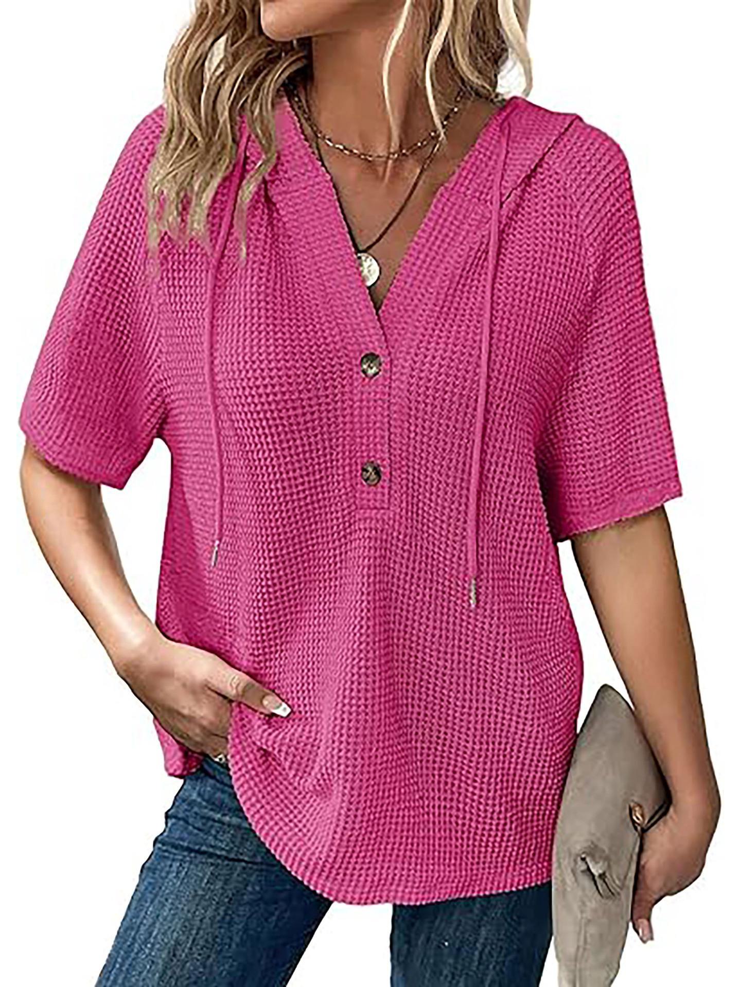 

Женская летняя толстовка с капюшоном из вафельной вязки - легкий топ с коротким рукавом, пуговицами, V-образным вырезом и шнурком L красный