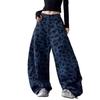Leopard Print Contrasting Color Design Sense Wide-leg Scimitar Jeans Women's Loose Tide Fashion Pants Tide Deep Blue Wash Oversized Wide-leg Pants