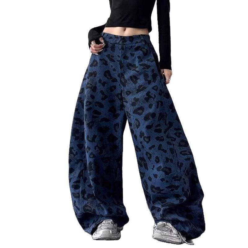 Leopard Print Contrasting Color Design Sense Wide-leg Scimitar Jeans Women's Loose Tide Fashion Pants Tide Deep Blue Wash Oversized Wide-leg Pants