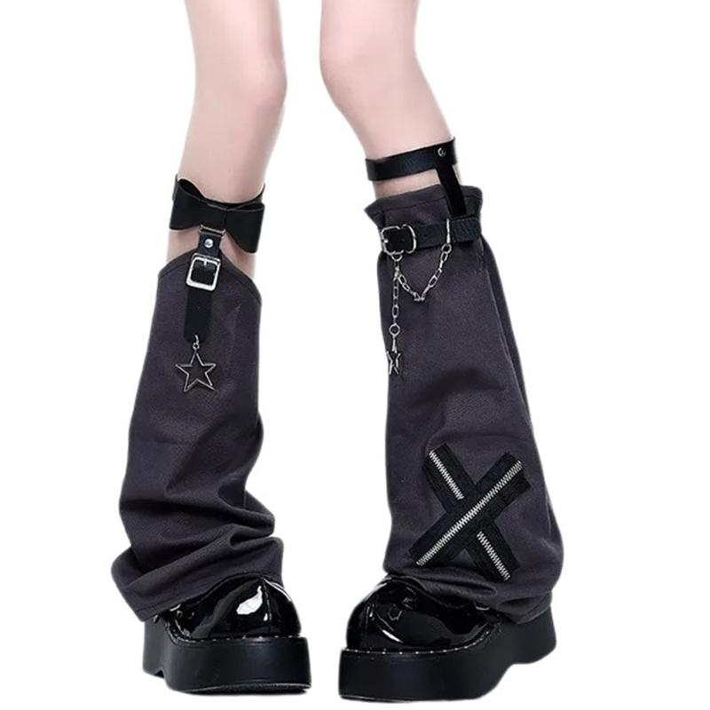 Aesthetic Vintage Crosses Stitched Leg Warmer for Women Harajuku Streetwear Punk Leather Buckle Garters Leg Sleeve Cover