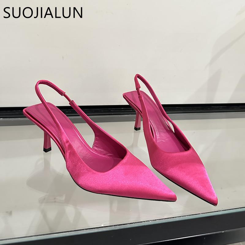 Móda SUOJIALUN 2025 Nová Značka Dámské Sandály Módní Špičatá Špička Nazouvací Boty Slingback Tenký Vysoký Podpatek Dámské Elegantní Společenské Lodičky