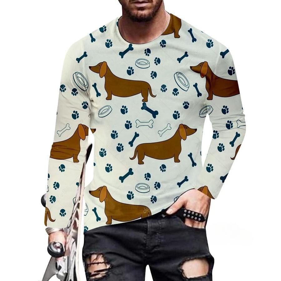 Spring and Autumn Round Neck 3D Dachshund Printed Top Fashionable Casual Long Sleeved Men's T-shirts