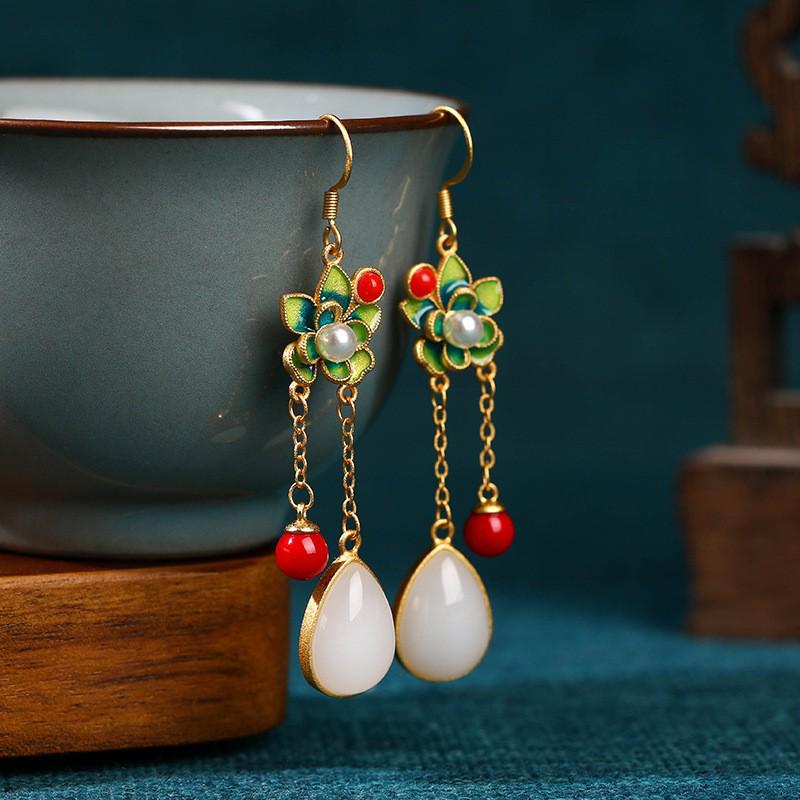 

Серьги Aieryuan Retro Cloisonné с позолоченными цветочными мотивами и нефритом 24K Gold Plated