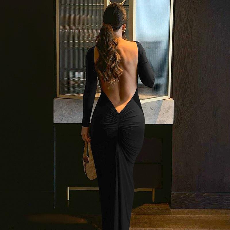 Vestido Tooxika de primavera y otoño para mujer, sexy, sin espalda, plisado, ajustado, con cuello redondo y manga larga