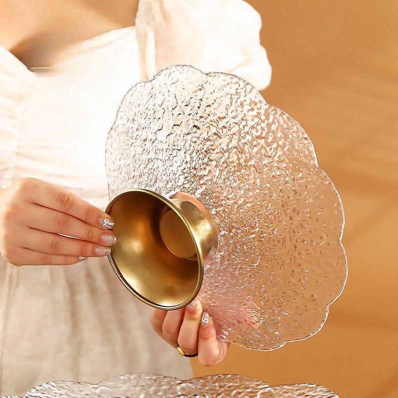 Light luxury high-legged glass fruit plate, brass base fruit plate, storage ornaments, ice pattern tableware storage 1PC