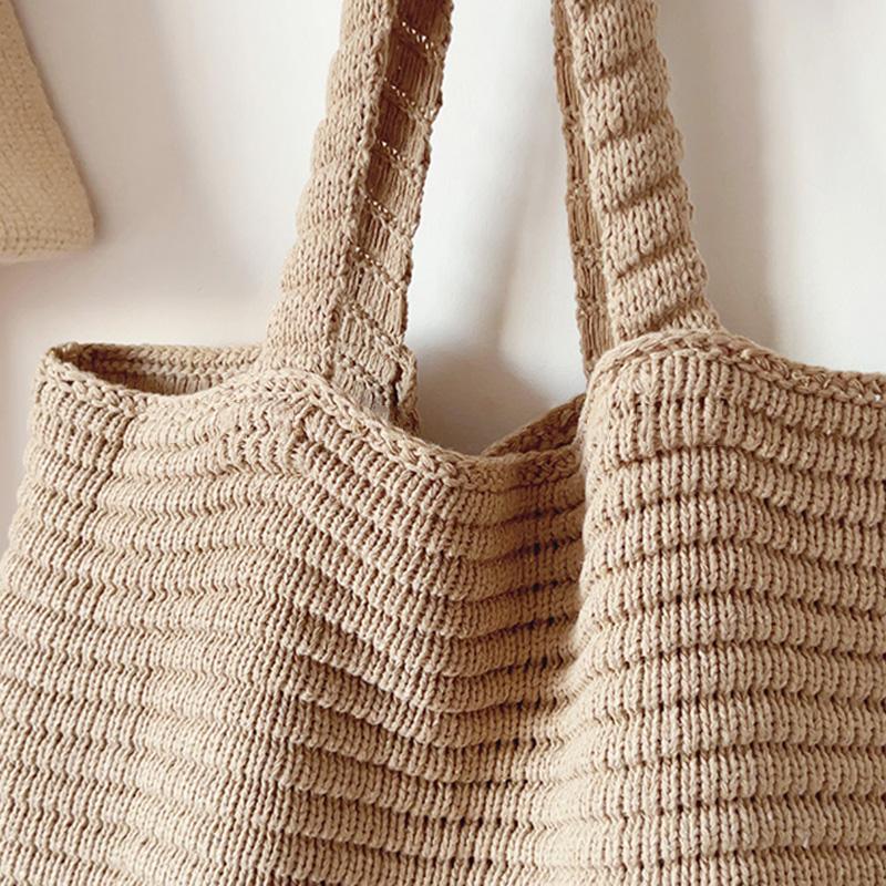 Large-capacity Brown Knitted Women's Shoulder Bag Vintage Handbag Vacation Crocheted Beach Bag Simple Shopping Bag