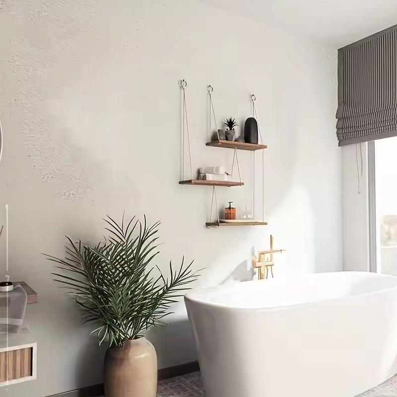Three-Tier Macrame Hanging Shelves for Indoor Plants and Decorative Storage in Living and Bedroom Spaces