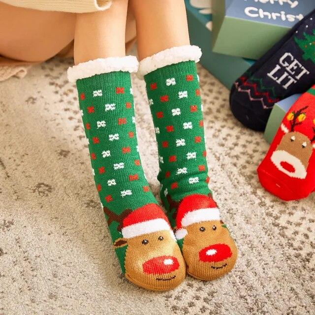 Winter Warm Socks Women Plush Soft Female Non Grip Floor Slippers Short Sock Fuzzy Fluffy Deer Elk Bear Christmas Gift