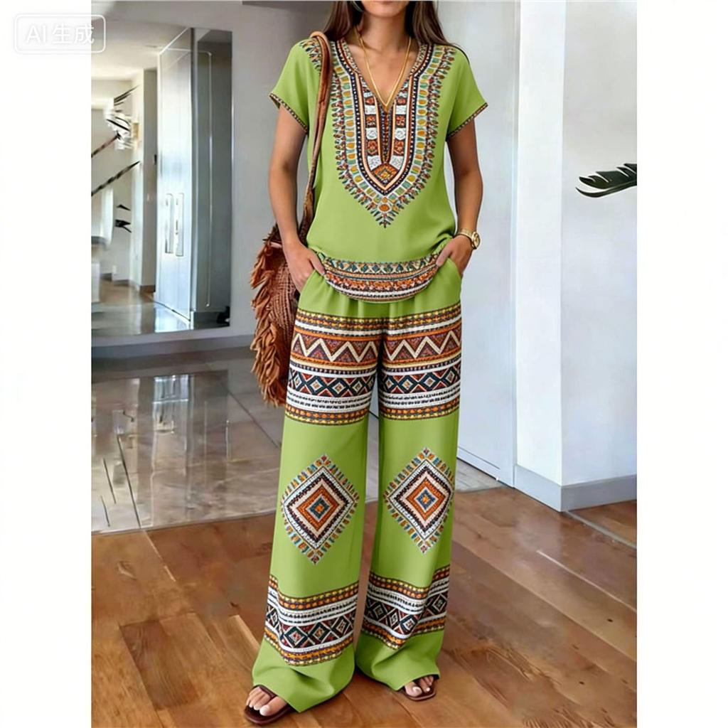 1116 Summer Vintage Print Set Elegant V-Neck Cut, Loose Wide Leg Pants Atmosphere Vacation Two-piece Set Women