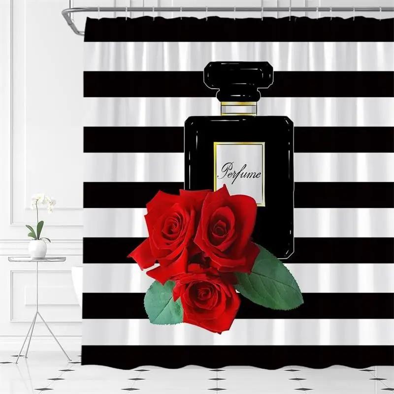 Pink Perfume High Heel Shower Curtain Set Black White Stripes Fashion Girl Woman Bathroom Decor Polyester Bathtub Curtains Hooks