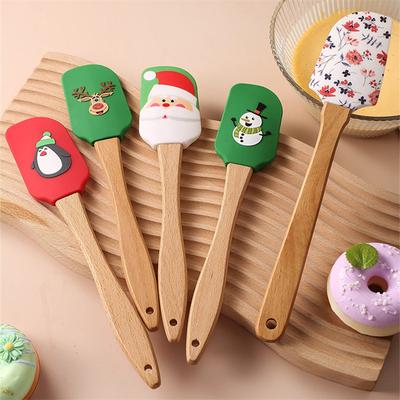 Spatule à gâteau de Noël avec manche en bois et grattoir à pâtisserie en silicone, antiadhésive, pour pâte à beurre, ustensile de cuisine