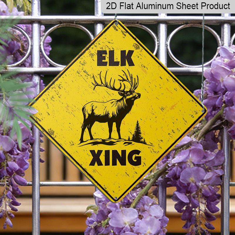 2D Flat 1pc, Vintage Elk Crossing Sign - Rustic Iron Metal Tin Wall Decor with Caution Yellow Finish & Elk Silhouette Design - Indoor/Outdoor Durable