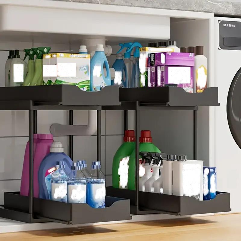 Double-Layer Pull-Out Kitchen Storage Rack, Non-Slip and Stable, Multifunctional Storage Box with Five Hooks, Under-Sink Brush Double-Layer Drawer