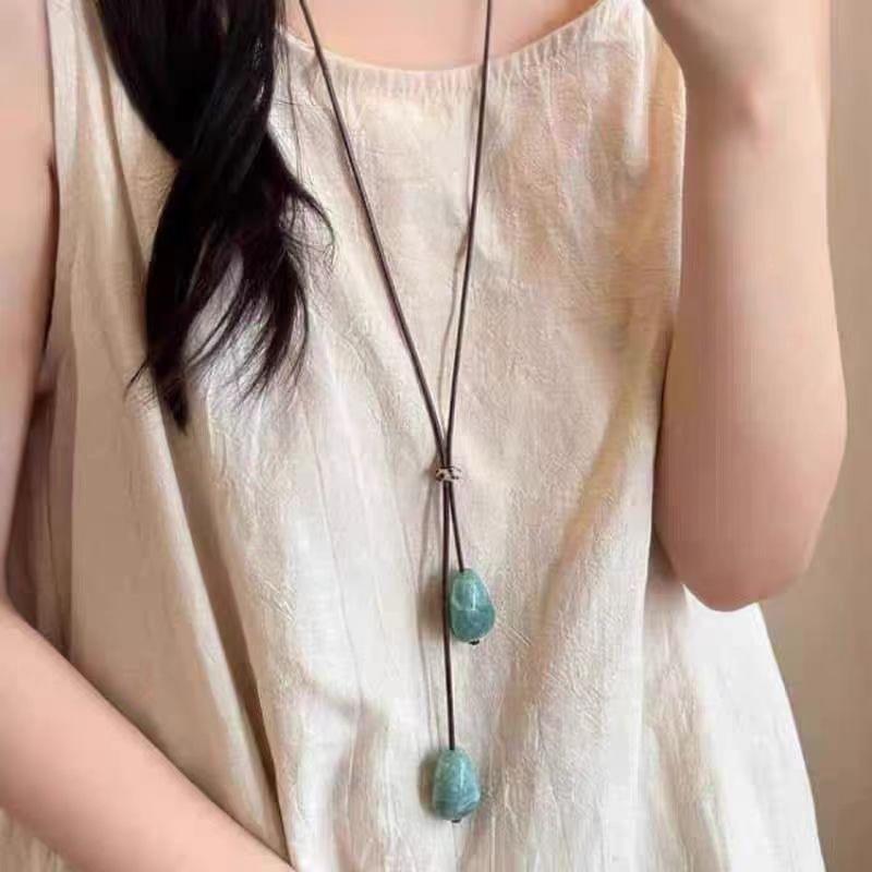Elegant Long Oval Pendant Necklace Chinese Style Forest System Simple Vintage Zen Design Jewelry Accessory