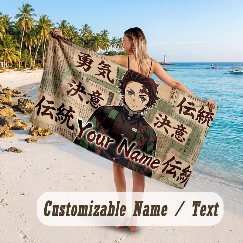 Custom Name Large Beach Towel,Demon Slayer Quick Absorbent Towel For Outdoor Travel Poolside
