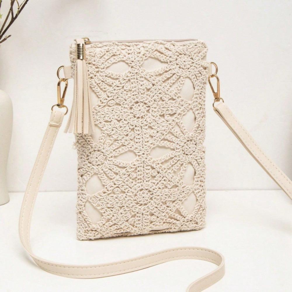 Borsa di Paglia alla Moda Versione Coreana Borsa a Spalla all'Uncinetto Lavorazione a Maglia Vuota Borsa Floreale da Spiaggia Casual Retro per Telefono Cellulare