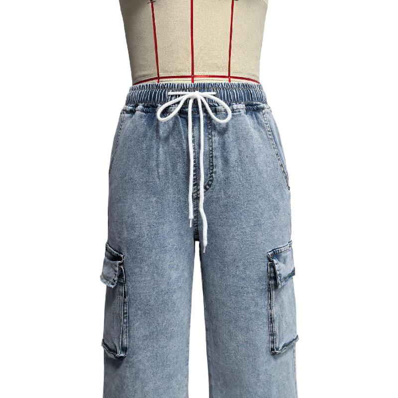 2026 Frühling/Sommer Neuer Trend Elastischer Bund Kordelzug Cargohosen Lässige Weitbeinige Jeans für Damen