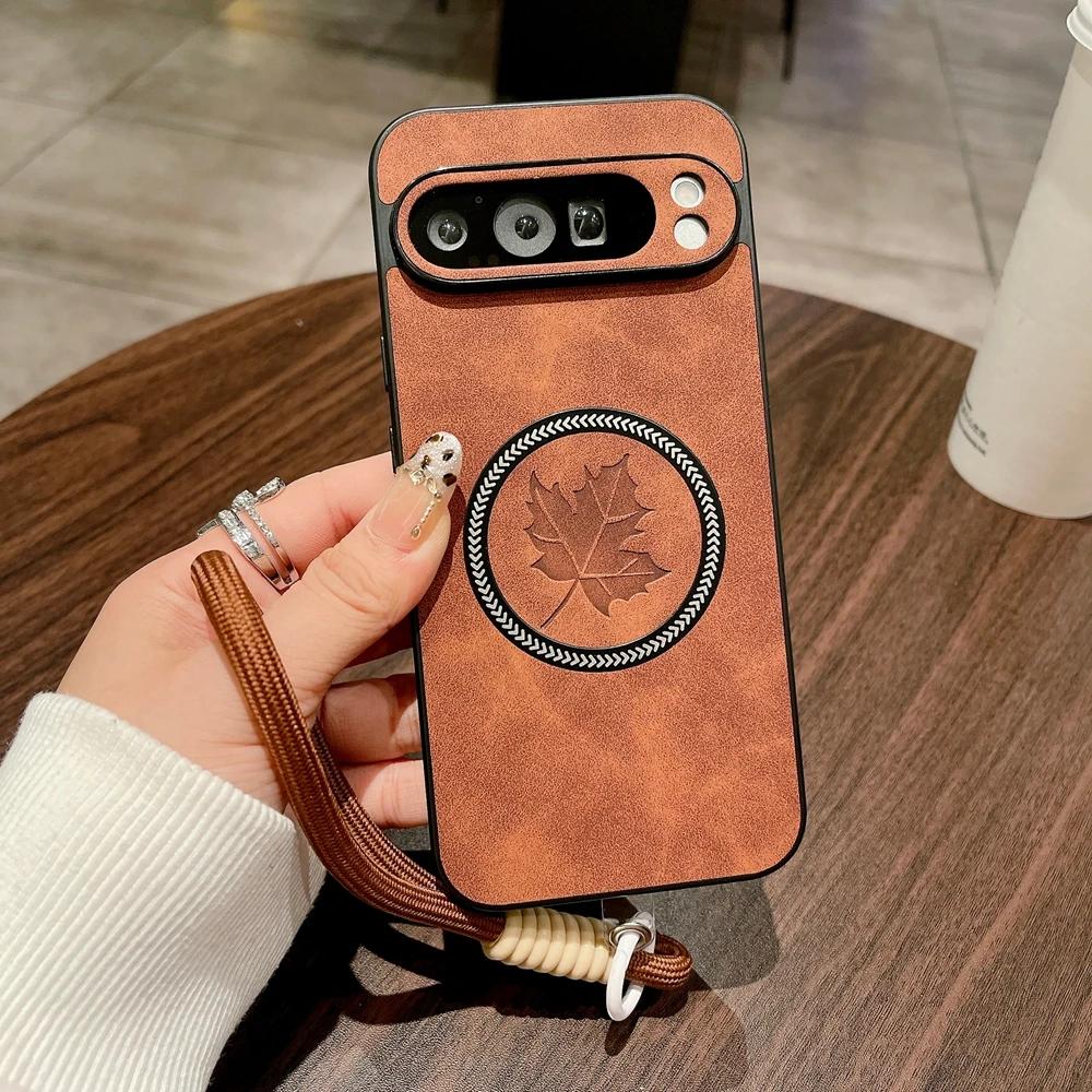 Custodia protettiva in pelle vintage da uomo con cordino per Google Pixel 10 9 8 7A Pro XL Ricarica magnetica Custodia con motivo a foglie d'acero