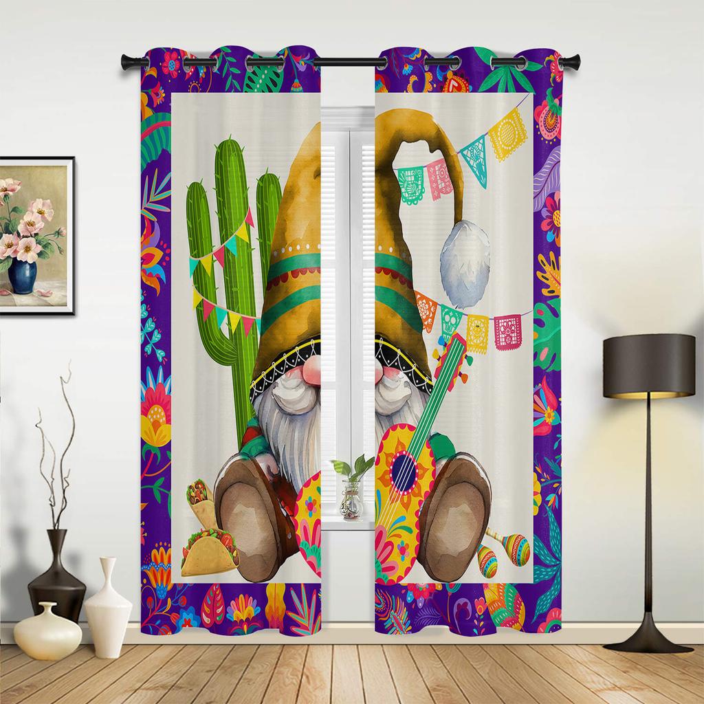 Mexican Midget Cactus Guitar Curtains for Bedroom Living Room Window Curtain Treatments Blinds Kitchen Home Decor Drapes