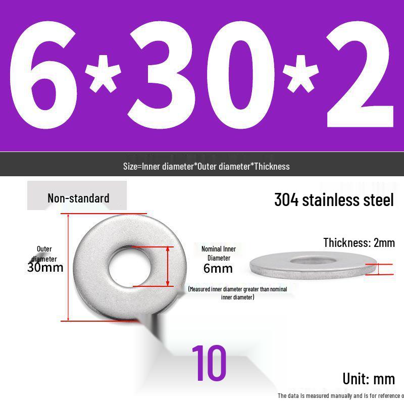 304 Stainless Steel Thickened Flat Washer Ring - Various Sizes (M1.6-M22)