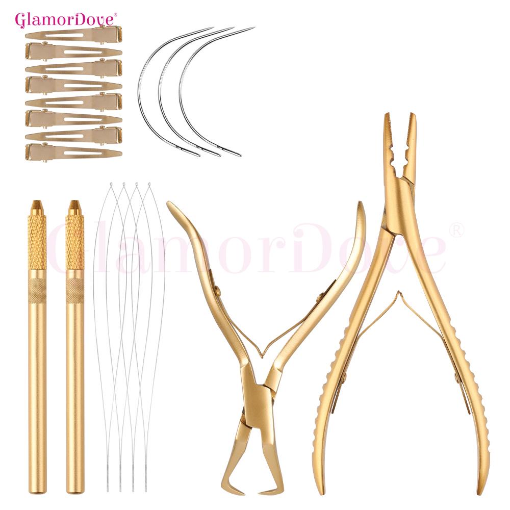 GlamorDove Beaded Weft Hair Extension Kit – Double Hole Pliers, Bead Remover & Sewing Tools