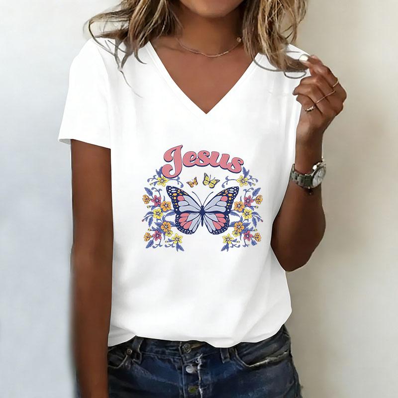 Butterfly T-shirt V-neck casual fashion fun T-shirt women s summer XS