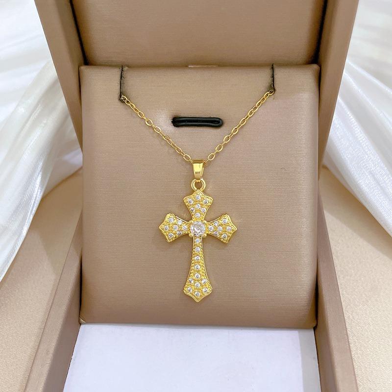 Stainless Steel Chain Luxury Zircon Cross Pendant Necklace for Women Men Trendy Cross Jewelry Gifts