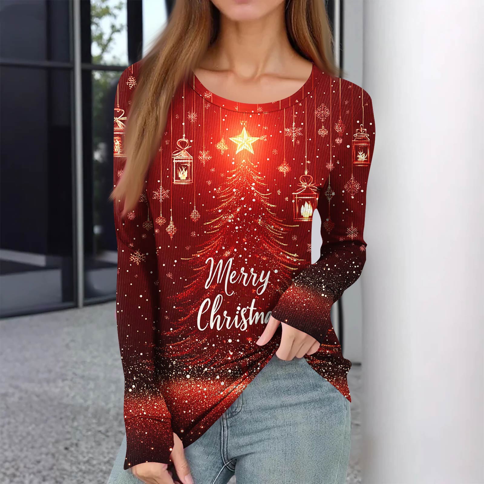 

Женская зимняя приталенная футболка Модная повседневная с градиентным принтом с круглым вырезом пуловер с длинным рукавом топ XXL