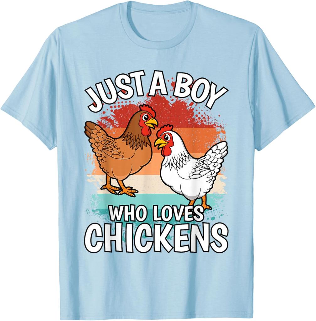 Just A Boy Who Loves Chickens Graphic Tee Retro Style Casual Cotton Short Sleeve T-Shirt for Men