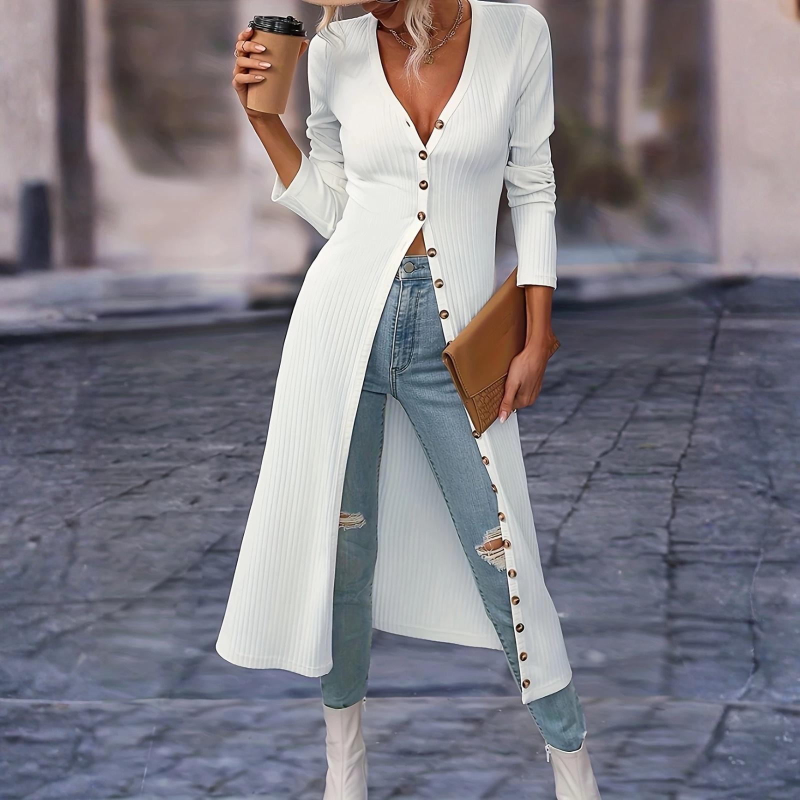 

Women s Fashionable Casual Solid-color Long-sleeved Long Cardigan V-neck T-shirt Top L білий
