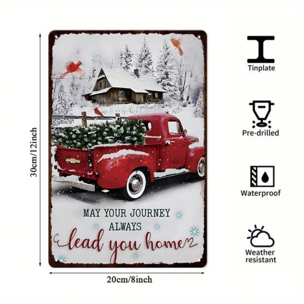 Retro Red Truck Christmas Tin Sign Vintage Farmhouse Wall Art Rustic Metal Decor Kitchen Bar Home Holiday