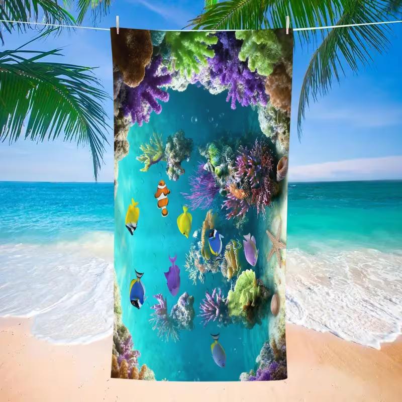 Colorful Coral Reef Tropical Fish Print Beach Towel Quick Dry Sand-Free Absorbent Soft Towel for Summer Vacation Pool Swimming