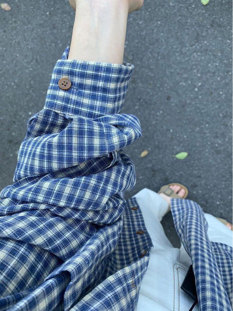 

Women s Blue Plaid Striped Long Sleeve Casual Shirt Jacket - Spring/Autumn Lazy Style 2025