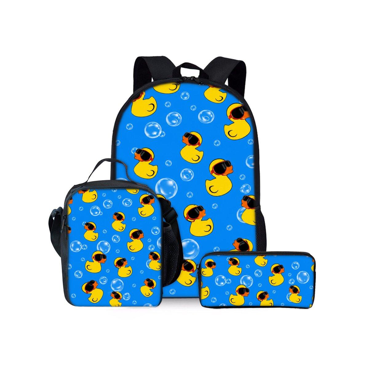 Ensemble de sacs à dos trois pièces avec imprimé canard jaune pour garçons et filles Meilleur cadeau Sac d'école plat dessin animé 2D pour enfants