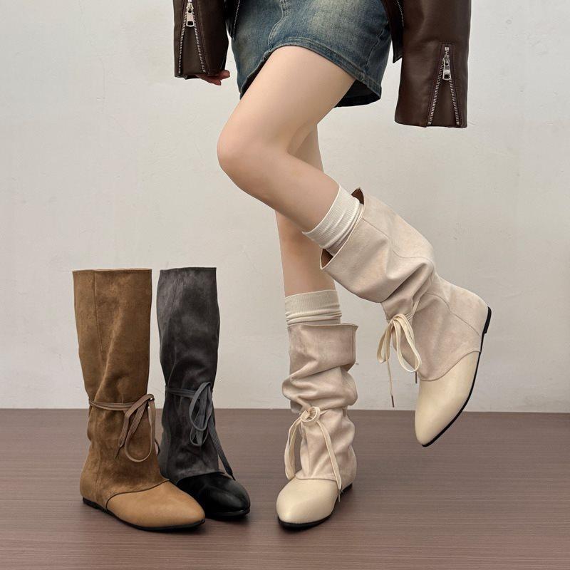 Thick leg pleated design cowboy boots knight boots stacked retro boots boots big tube circumference niche western feeling pointed head