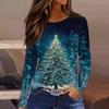 Women's Fashion Casual Slit Hem Round Neck Long Sleeve Loose Christmas Printed T-Shirt Ladies Top