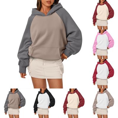 Women's Fashion Casual Plunging Shoulder Long Sleeve Hooded Patchwork Pullover Sweatshirt