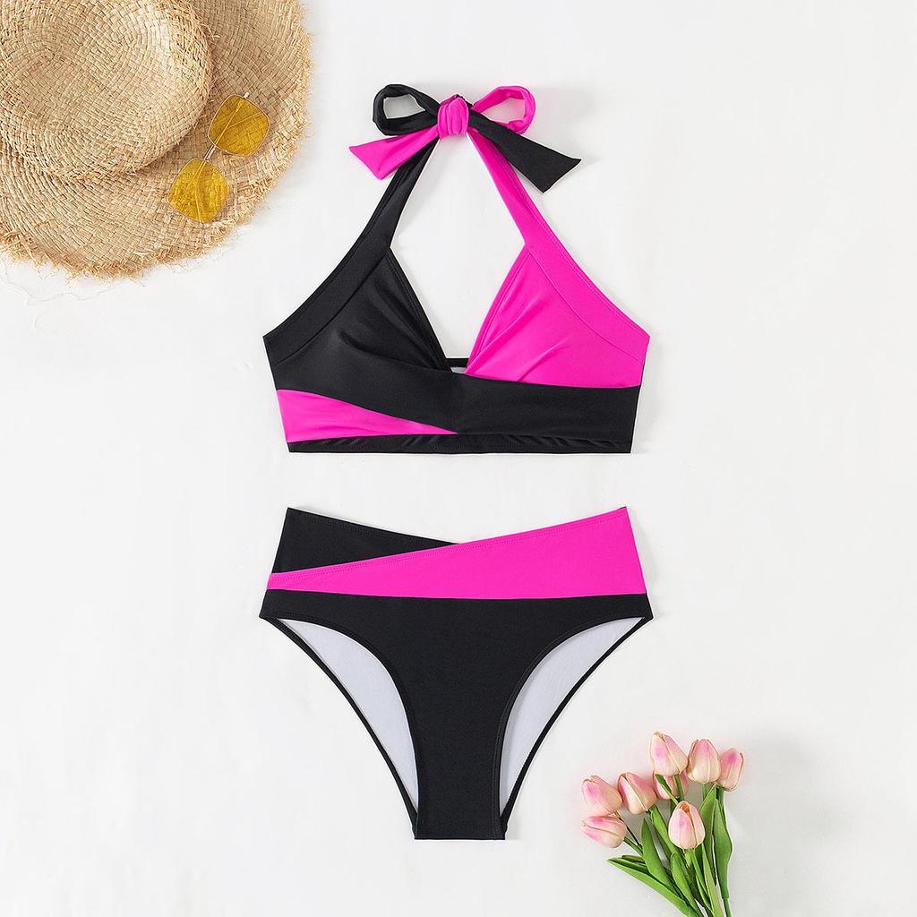 2025 Color Block High Waist Halterneck Bikini Two-Piece Swimwear for Women.
