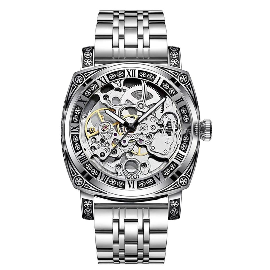 Herren Skelett Automatische Mechanische Uhr, Geprägtes Edelstahl