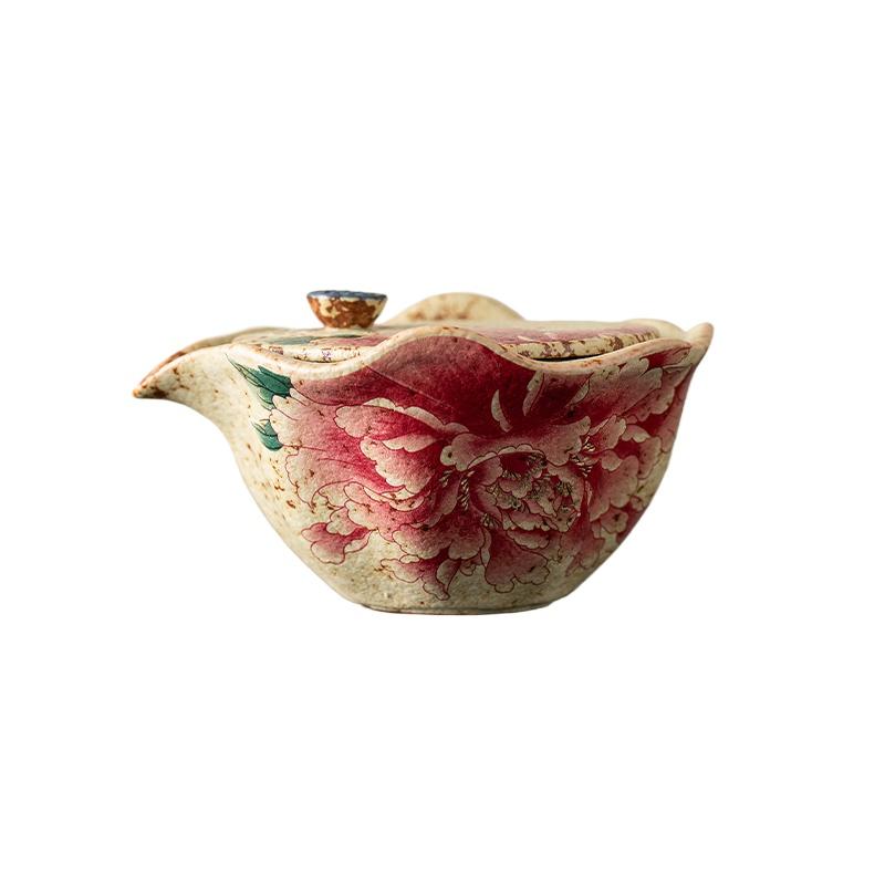 

Красный керамический чайник из кремня, бытовой чайный сервиз, чайник, тихий ретро пион, высококлассный одиночный маленький ручной чайник