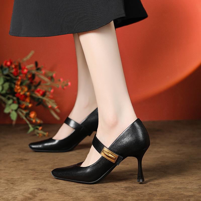High heels women's spring and autumn square head sheepskin is not tired of feet one-word buckle single shoes Mary Jane shoes